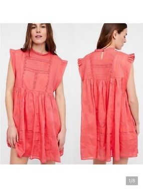 Free people nobody like you coral mini dress lace sleeveless babydoll xs
